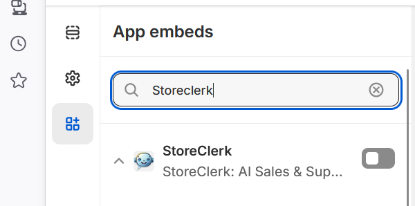 Detail of the app embed panel showing the app embed button highlighted and StoreClerk selected.
